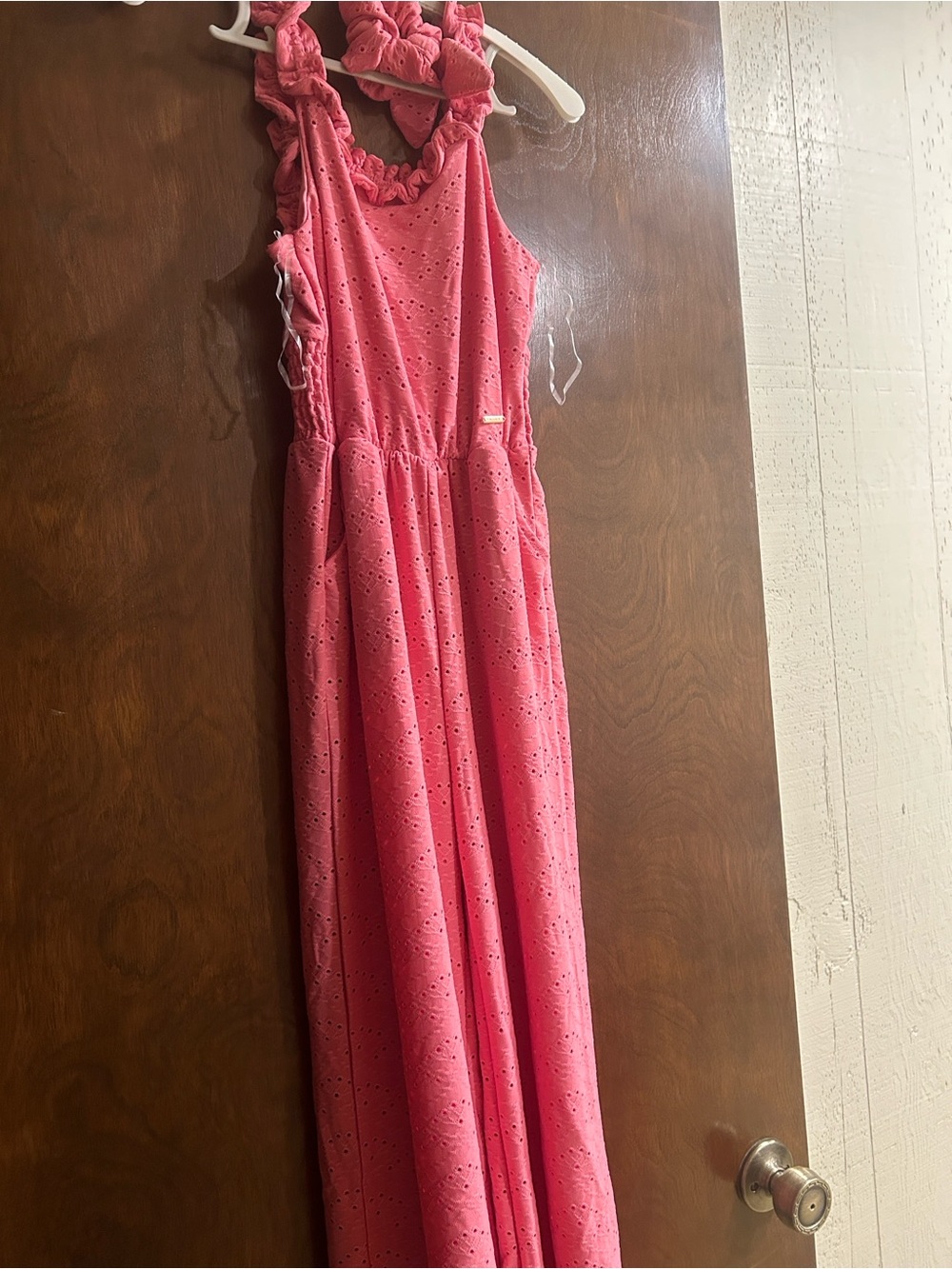 Tahari Coral Pink Eyelet One-Piece Romper with Ruffle Straps